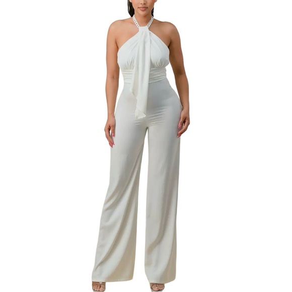 Halterneck Ribbon Detail Chain Trim Jumpsuit - Picture 6 of 6